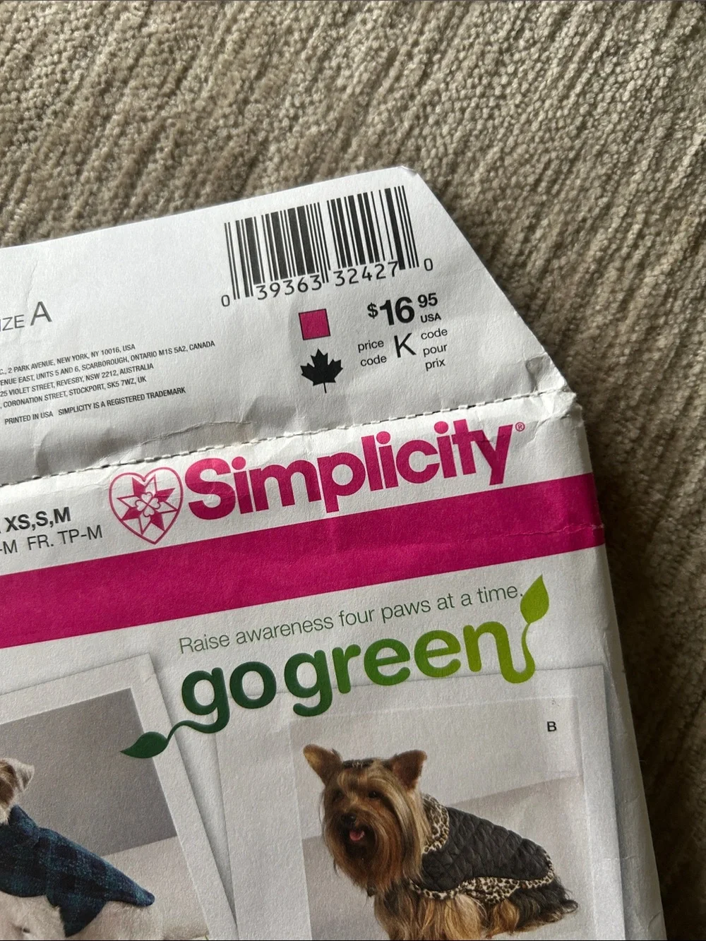 UNCUT Simplicity Dog Coat Sewing Patterns Size A XS-M